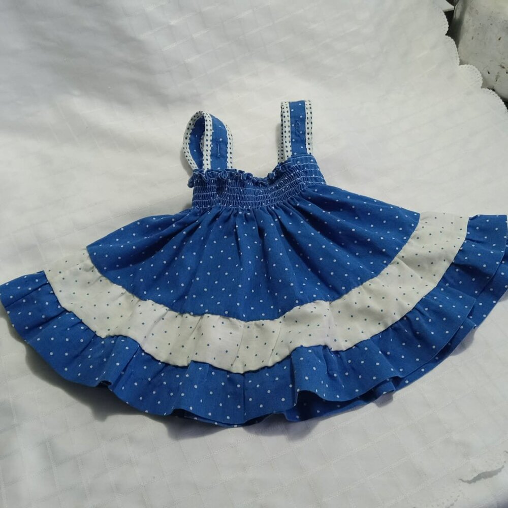 Pretty blue and white polka dot cotton jumper dress, hippy style with straps